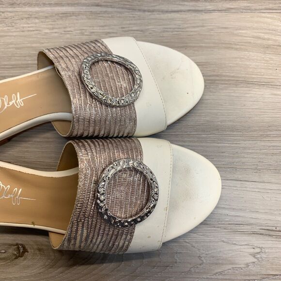 Joan Oloff Womens 7M Leather Slip On Slide Sandals White Silver Ring Accent - Picture 10 of 11